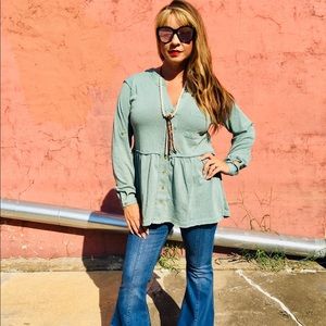 Sage Raw Seam Top with Fold Up Sleeve Detail